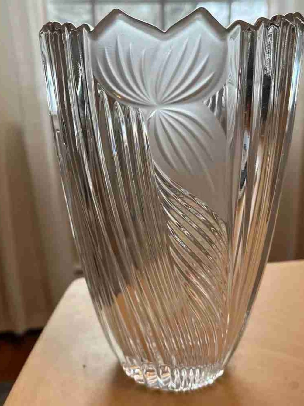 Clear Ribbed Glass Vase with Floral Motif